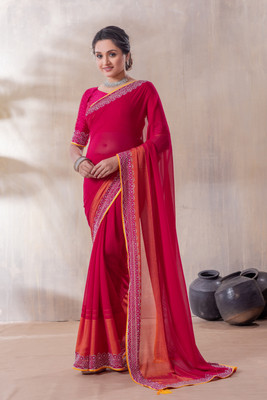 FAIRYPINK Embellished, Geometric Print, Solid/Plain, Self Design, Dyed Bollywood Georgette Saree(Red)