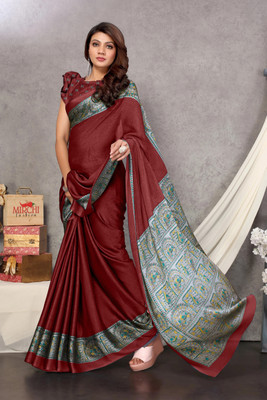 MIRCHI FASHION Printed, Blocked Printed Kalamkari Chiffon, Georgette Saree(Maroon, Grey)