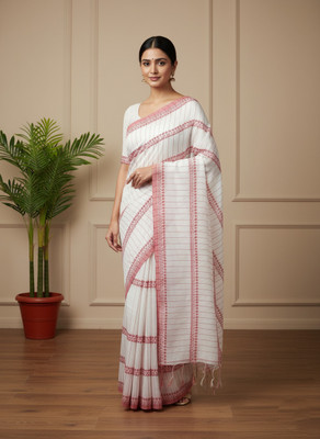 BRYNBRIT Printed Assam Silk Art Silk Saree(White, Pink)