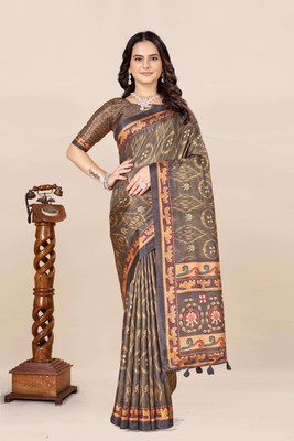 VASTRA VILLA Digital Print Ikkat Art Silk Saree(Brown)