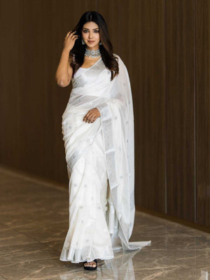 ishimira Woven Banarasi Cotton Blend Saree(White)