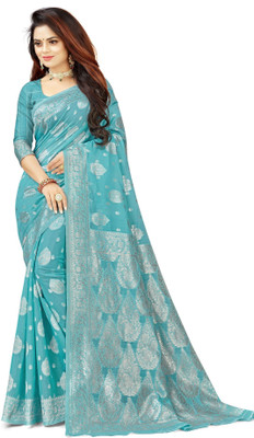 Moda Rapido Woven Banarasi Cotton Blend Saree(Light Blue)