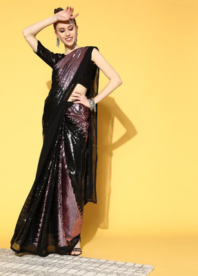 Divastri Striped Bollywood Georgette Saree(Black)