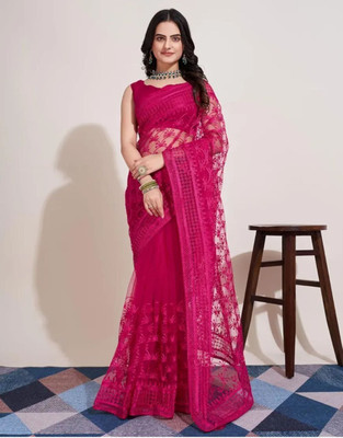 NIYANTAKSH Embroidered Bollywood Net Saree(Pink)