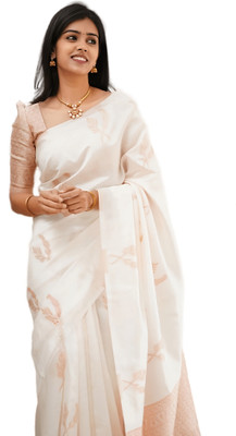 Sidhidata Woven Banarasi Jacquard, Silk Blend Saree(White)