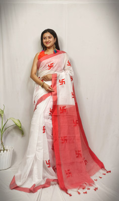 PRANATI ENTERPRISE Printed Handloom Cotton Silk Saree(White)