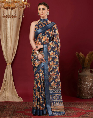 Divastri Floral Print, Printed, Embellished Daily Wear Linen Saree(Blue)