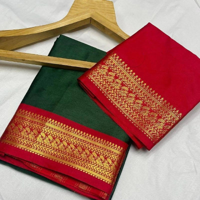 VILLAGIUS Embellished, Floral Print, Printed, Self Design, Temple Border, Solid/Plain, Woven Kanjivaram Cotton Silk, Art Silk Saree(Dark Green)