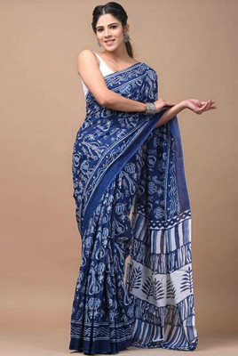 Craftmusium Printed, Color Block, Blocked Printed, Floral Print, Dyed Daily Wear Pure Cotton Saree(Blue)