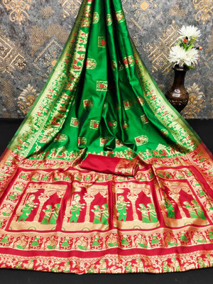 Ruhabs Woven Baluchari Silk Blend Saree(Green)