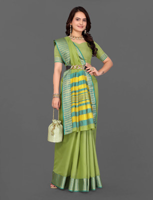 VRIYUDI Woven, Self Design, Striped Kanjivaram Cotton Silk, Pure Cotton Saree(Green)