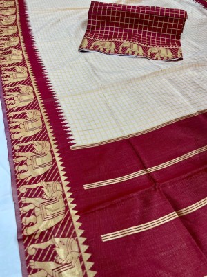 ESOMIC Striped Banarasi Pure Silk Saree(Cream)