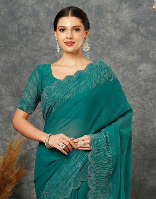 Samah Embellished, Dyed Bollywood Georgette Saree(Blue, Silver)