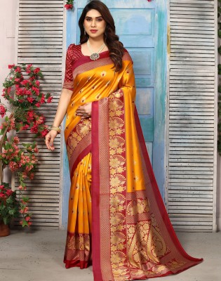 Divastri Printed Banarasi Silk Blend Saree(Mustard, Multicolor)