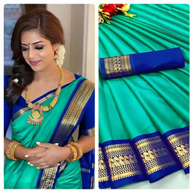 MoonTextile Printed Assam Silk Cotton Silk Saree(Blue)