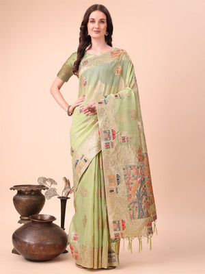 Tasrika Woven Banarasi Cotton Linen Saree(Green)