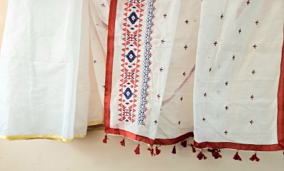 Kreton Galph Embroidered Handloom Cotton Blend Saree(White)