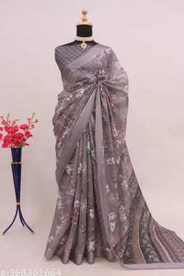 Grubstaker Digital Print Bollywood Linen Saree(Multicolor)