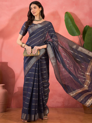 Sangria Self Design Saree with Attached Blouse Organza Saree(Blue)