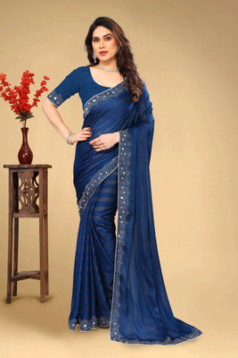 VEERAIVA Embellished Bollywood Chiffon Saree(Dark Blue)