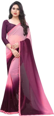 WOM BAB Solid/Plain, Embellished, Self Design Bollywood Georgette Saree(Pink)