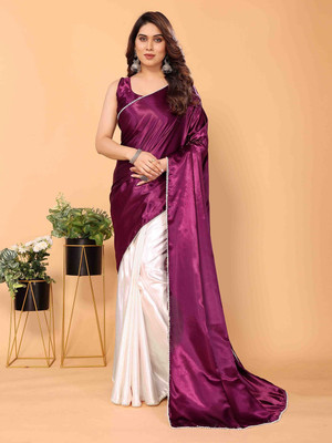 SATVASHIV Solid/Plain Bollywood Satin Saree(Purple)