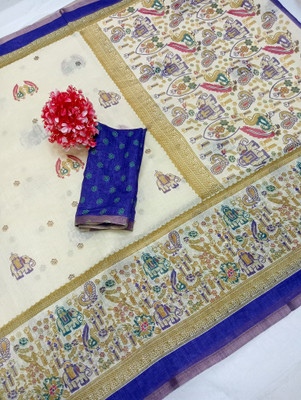 Gajal Printed Kanjivaram Linen, Cotton Linen Saree(Blue)