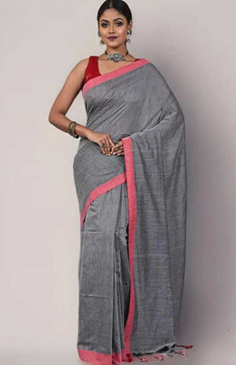 Pal Saree Senter Solid/Plain Bollywood Khadi, Pure Cotton Saree(Grey, Pink)