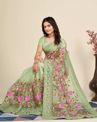 Vinayak Textile Embroidered Bollywood Net Saree(Green)