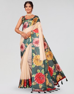 ANIRAV Floral Print Bollywood Cotton Silk Saree(Green)