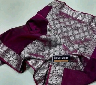 NNSAREE Woven, Self Design, Solid/Plain Banarasi Pure Silk, Silk Blend Saree(Silver, Purple)