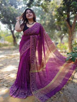 Dutta saree center Printed Bandhani Pure Cotton Saree(Purple)