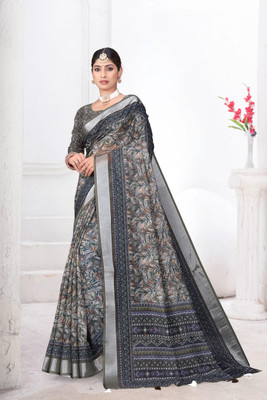Mugdarra Floral Print Daily Wear Linen Saree(Multicolor)