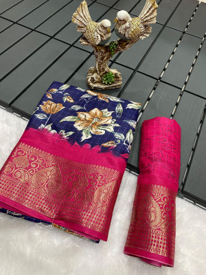Classy Foriever Floral Print Bollywood Silk Blend Saree(Multicolor)
