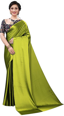 HouseOfCommon Solid/Plain Banarasi Satin Saree(Green)
