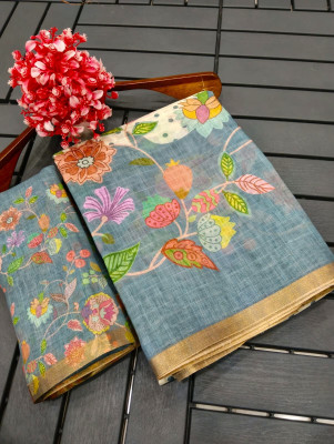 Mervadiya Printed Kanjivaram Pure Cotton, Cotton Linen Saree(Blue, White)