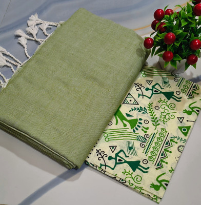 HouseOfCommon Solid/Plain Handloom Cotton Blend Saree(Pack of 2, Light Green)