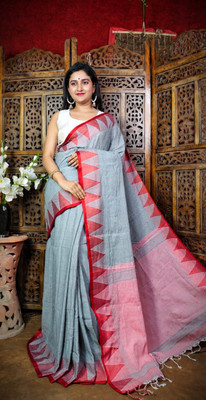 Maasaree Temple Border Handloom Cotton Blend Saree(Grey)