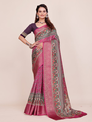 MAHARANI04CREATION Woven, Floral Print, Temple Border, Self Design, Digital Print Kalamkari Art Silk, Jacquard Saree(Magenta)