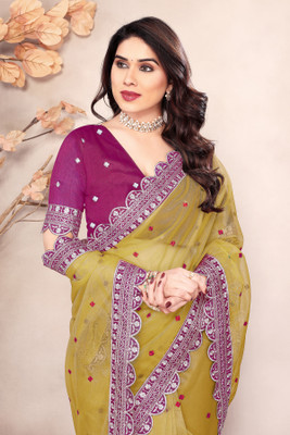 Mikhushop Embroidered Bollywood Supernet Saree(Yellow)