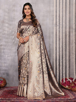 Janasya Woven, Self Design Kanjivaram Silk Blend Saree(Grey)