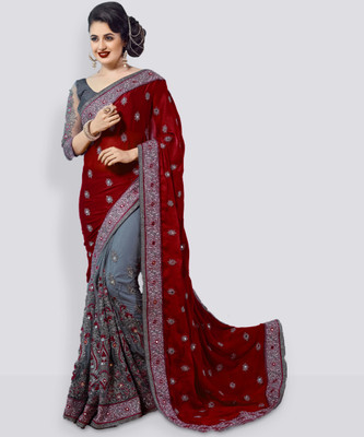 Qyra Embroidered Bollywood Net, Art Silk Saree(Maroon, Grey)