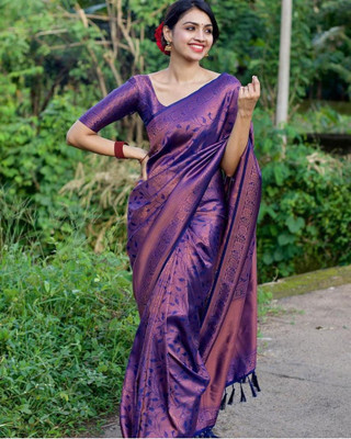 ROOP LAVANYA Woven, Floral Print, Temple Border Kanjivaram Cotton Silk Saree(Purple)