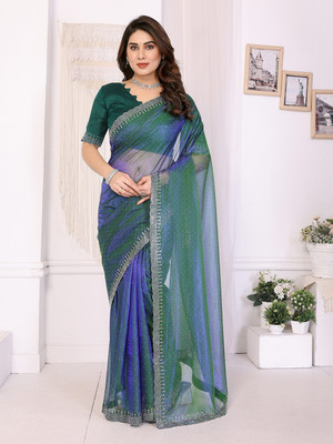 Anand Sarees Embellished Bollywood Net, Lace Saree(Dark Green)