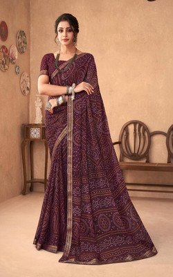 Swarne Printed Bandhani Chiffon Saree(Purple)