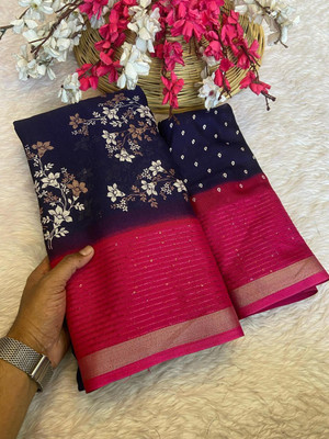 Bhuwal Fashion Floral Print, Woven Bollywood Crepe Saree(Blue)