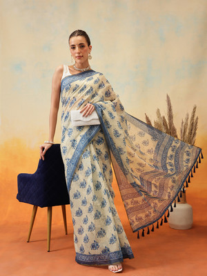 SILK ZONE Digital Print Chanderi Cotton Blend Saree(Blue)