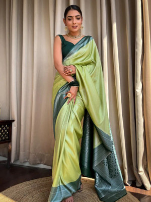 Exotic clothingg Woven, Self Design, Temple Border, Solid/Plain, Floral Print Banarasi Pure Silk, Jacquard Saree(Light Green)
