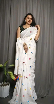 GUHA GRUOP Self Design Handloom Cotton Blend Saree(White)