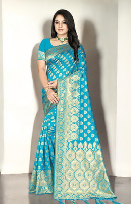 Pikham Self Design Banarasi Art Silk Saree(Light Blue)